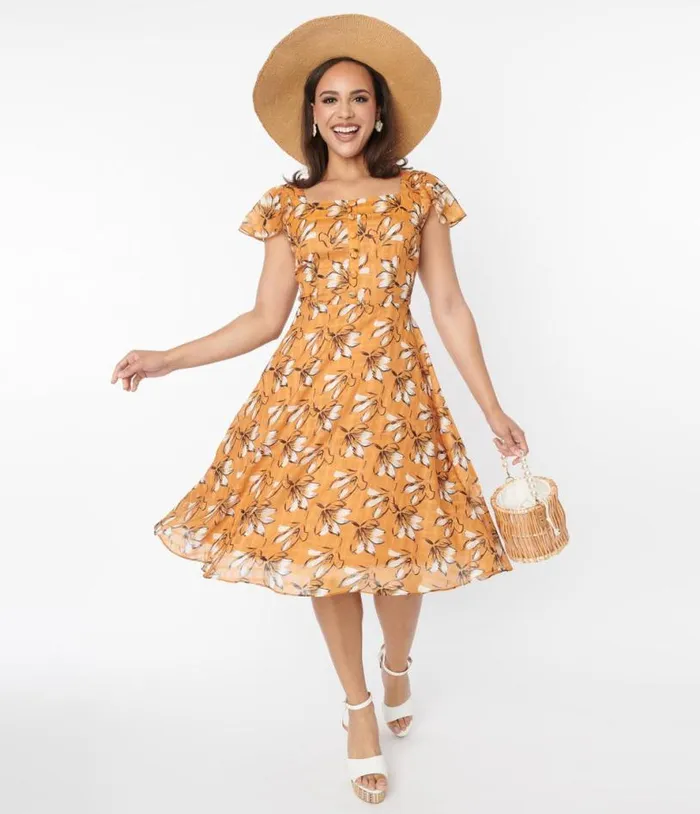 Voodoo Vixen Mustard and White Floral Swing Dress DressesPlus Unique Vintage Swing