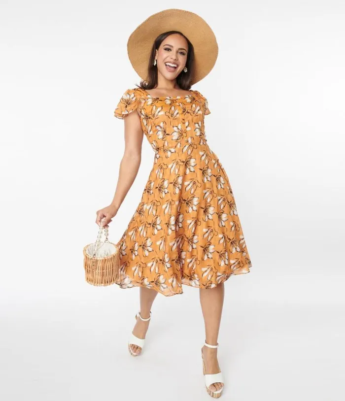 Voodoo Vixen Mustard and White Floral Swing Dress DressesPlus Unique Vintage Swing