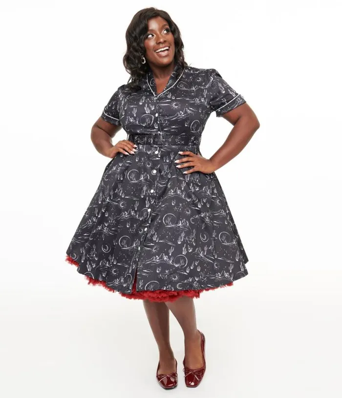 Voodoo Vixen Plus Size 1950s Black and White Midnight Western Fit and Flare Dress DressesPlus Unique Vintage Pocket Dresses Voodoo Vixen Plus Size 1950s Black and White Midnight Western Fit and Flare Dress DressesPlus Unique Vintage Pocket Dresses