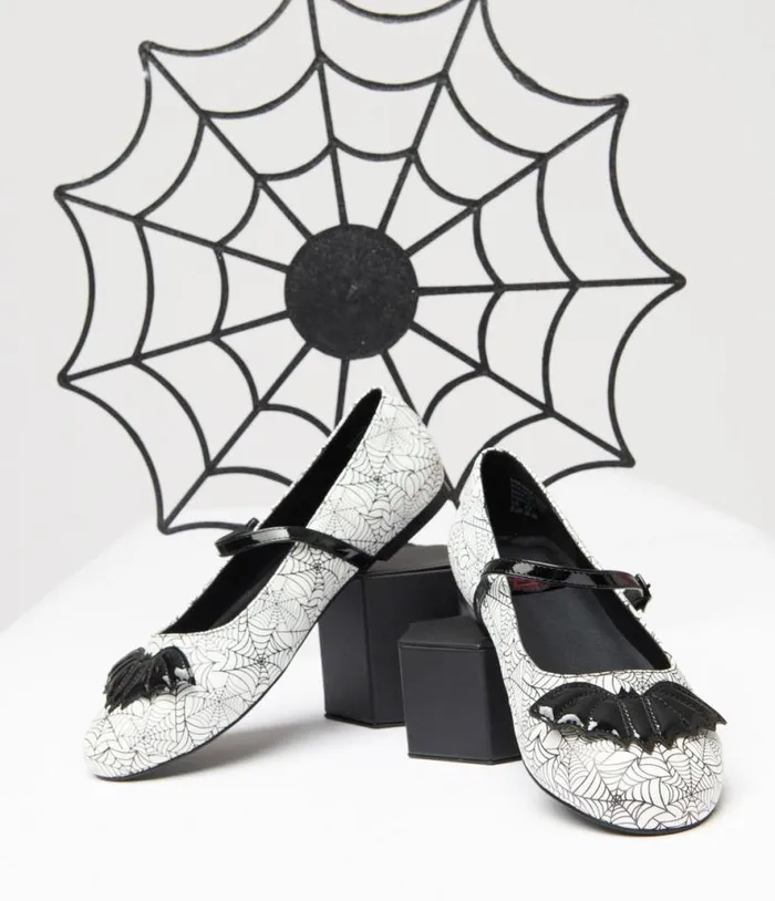 White and Black Bat Spiderweb Mary Jane Flats HalloweenShoes Unique Vintage Flats White and Black Bat Spiderweb Mary Jane Flats HalloweenShoes Unique Vintage Flats