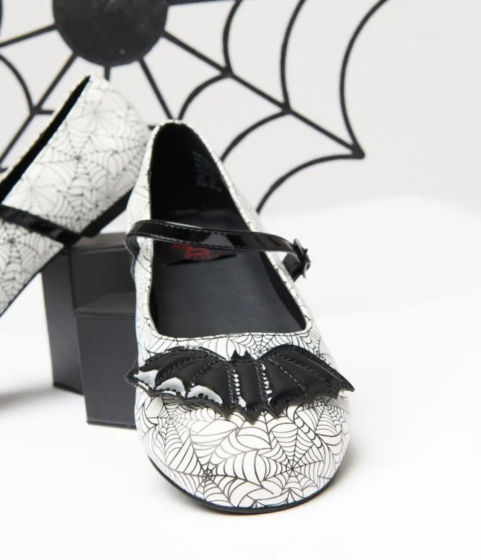White and Black Bat Spiderweb Mary Jane Flats HalloweenShoes Unique Vintage Flats