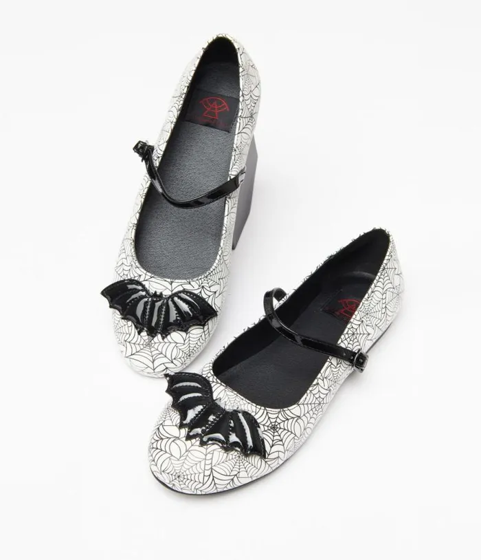 White and Black Bat Spiderweb Mary Jane Flats HalloweenShoes Unique Vintage Flats