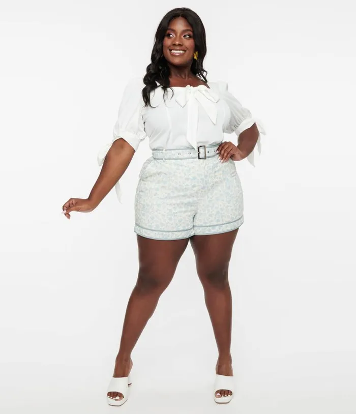 White and Dusty Blue Floral Belted Shorts ClothingPlus Unique Vintage Shorts White and Dusty Blue Floral Belted Shorts ClothingPlus Unique Vintage Shorts