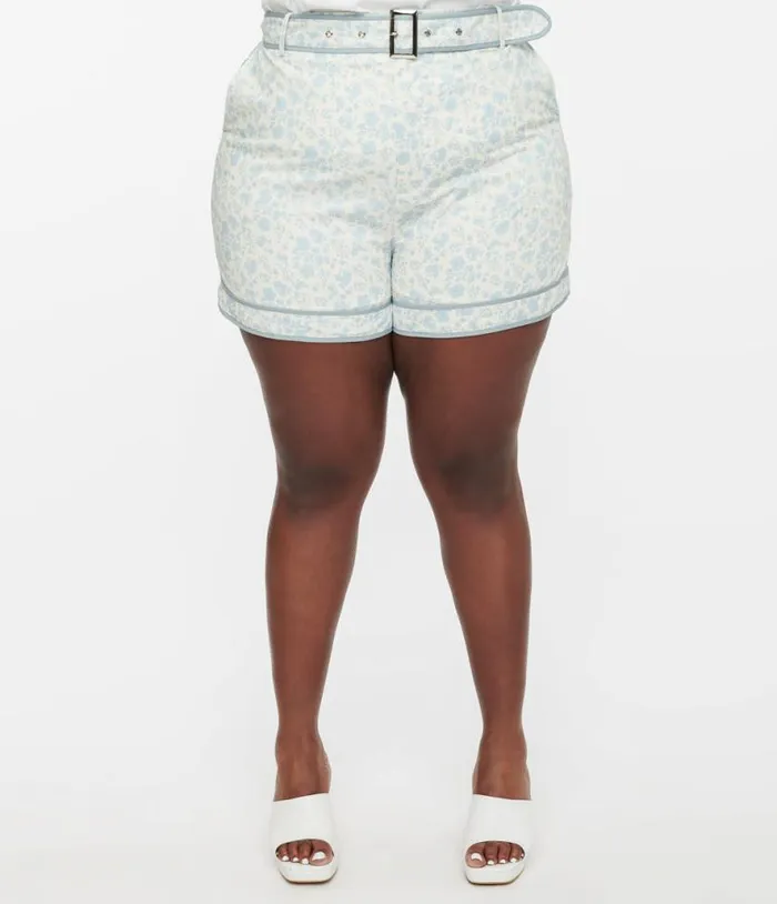 White and Dusty Blue Floral Belted Shorts ClothingPlus Unique Vintage Shorts