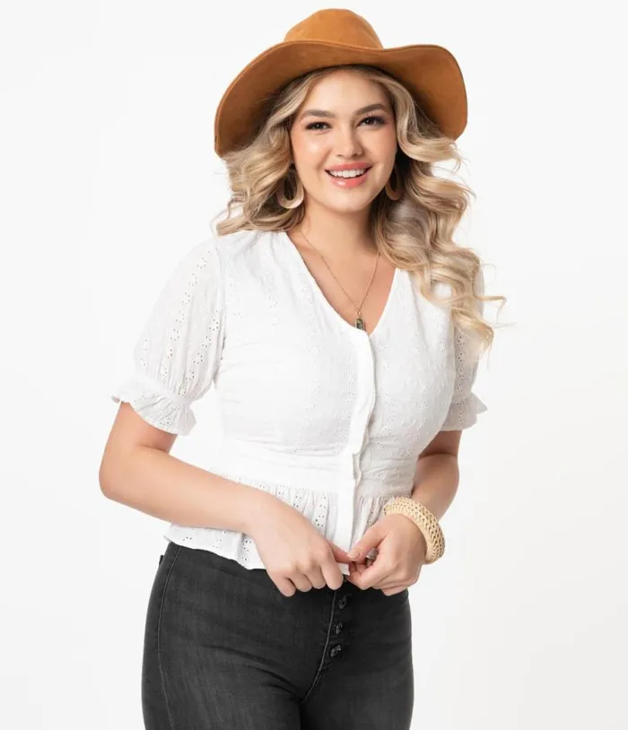 White Eyelet Peplum Jolene Blouse Clothing Unique Vintage Blouses