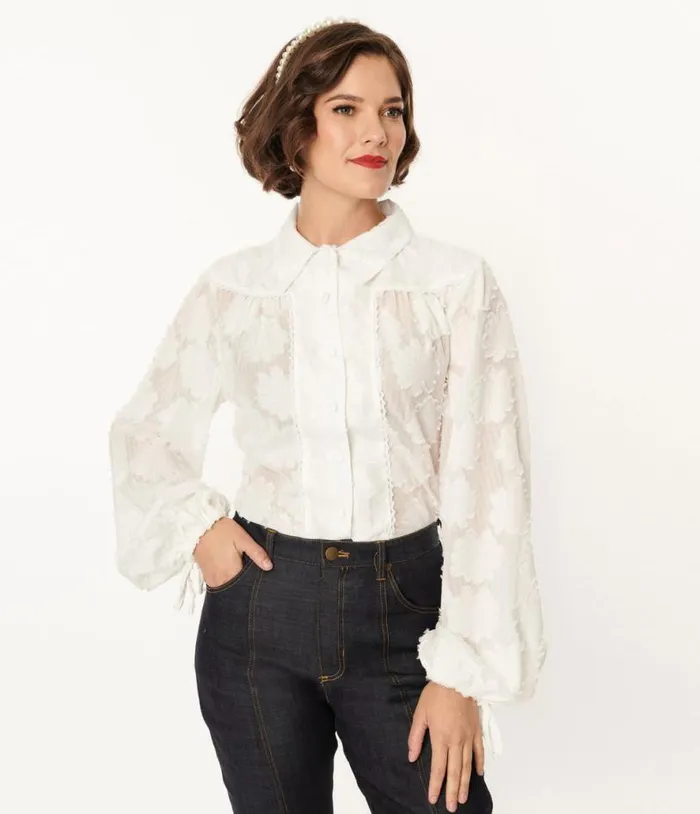 White Floral Francesca Blouse ClothingPlus Unique Vintage Blouses