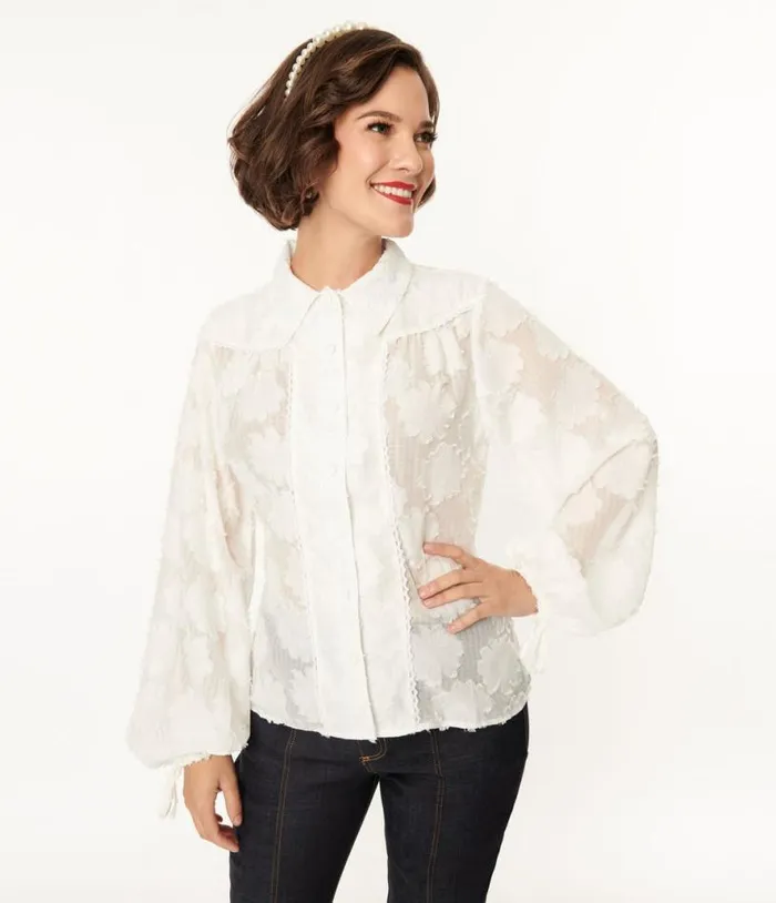 White Floral Francesca Blouse ClothingPlus Unique Vintage Blouses