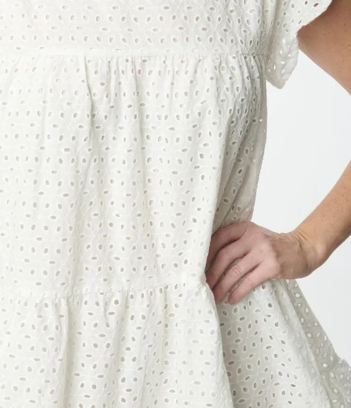 White Flutter Sleeve Eyelet Dress DressesPlus Unique Vintage Babydoll