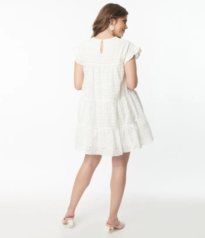 White Flutter Sleeve Eyelet Dress DressesPlus Unique Vintage Babydoll