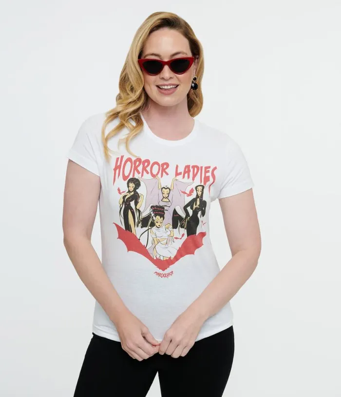 White Horror Ladies Fitted Graphic Tee ClothingHalloweenPlus Unique Vintage Graphic Tees