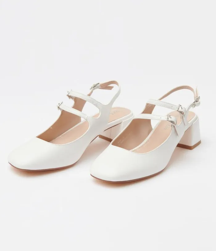 White Leatherette Double Strap Mary Jane Slingback Heels Shoes Unique Vintage Heels