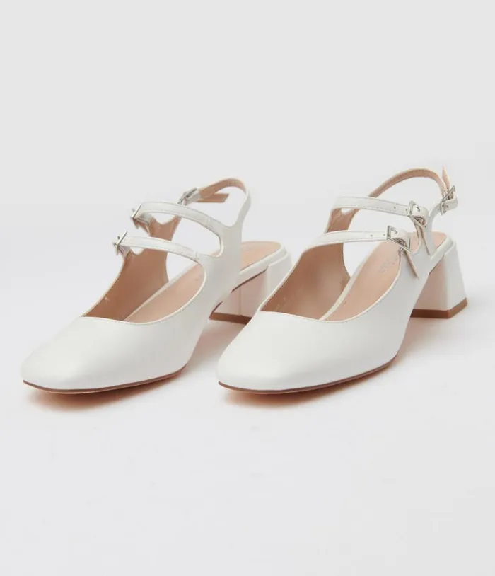 White Leatherette Double Strap Mary Jane Slingback Heels Shoes Unique Vintage Heels