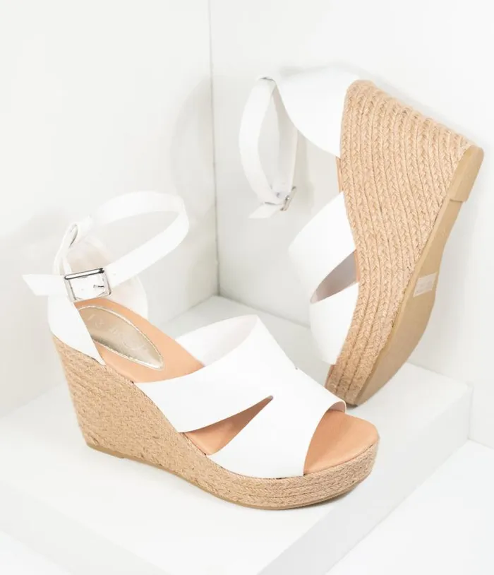 White Leatherette Espadrille Wedge Sandals Shoes Unique Vintage Sandals