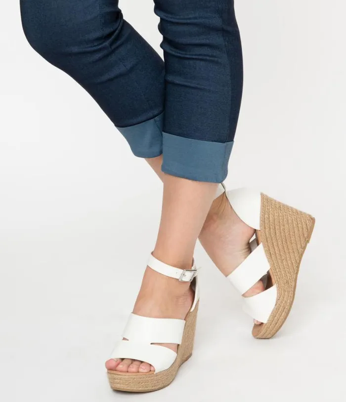 White Leatherette Espadrille Wedge Sandals Shoes Unique Vintage Sandals