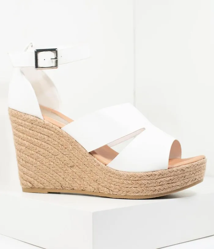 White Leatherette Espadrille Wedge Sandals Shoes Unique Vintage Sandals