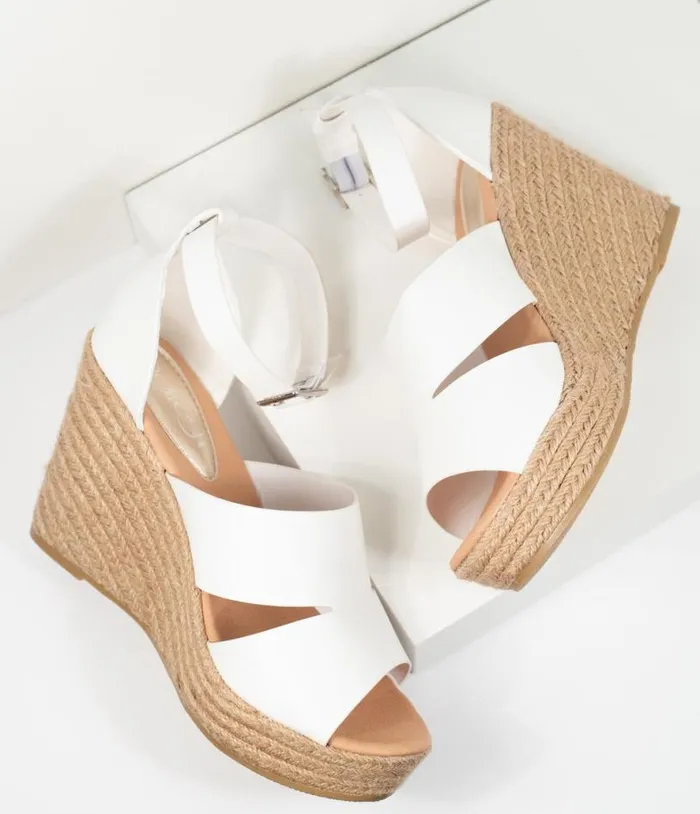 White Leatherette Espadrille Wedge Sandals Shoes Unique Vintage Sandals
