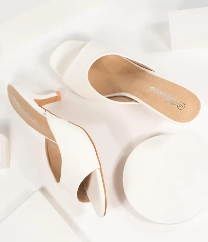 White Leatherette Peep Toe Kitten Heels Shoes Unique Vintage Sandals