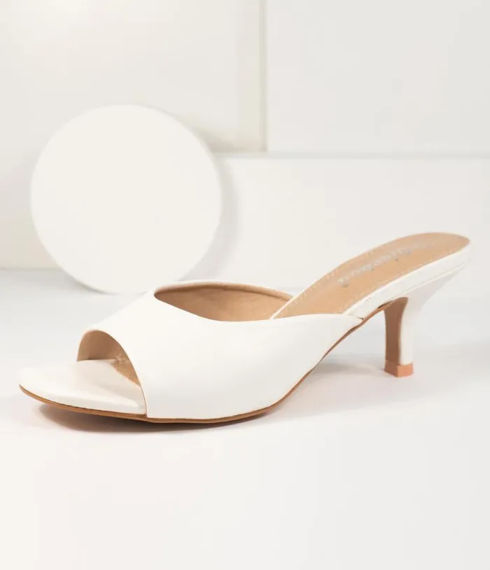 White Leatherette Peep Toe Kitten Heels Shoes Unique Vintage Sandals