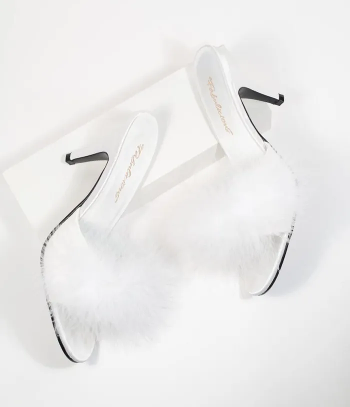 White Marabou Feather Peep Toe Slipper Heel Shoes Unique Vintage Heels