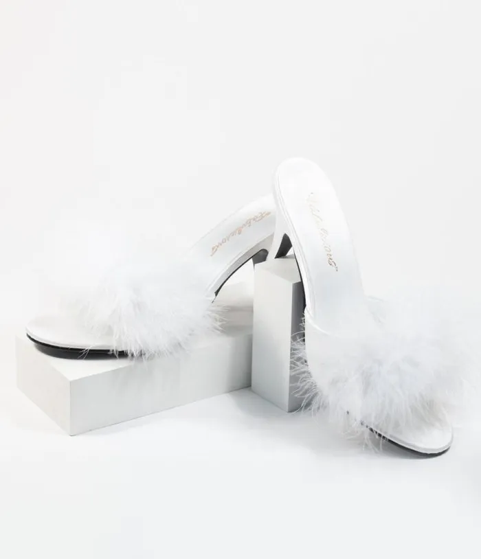 White Marabou Feather Peep Toe Slipper Heel Shoes Unique Vintage Heels