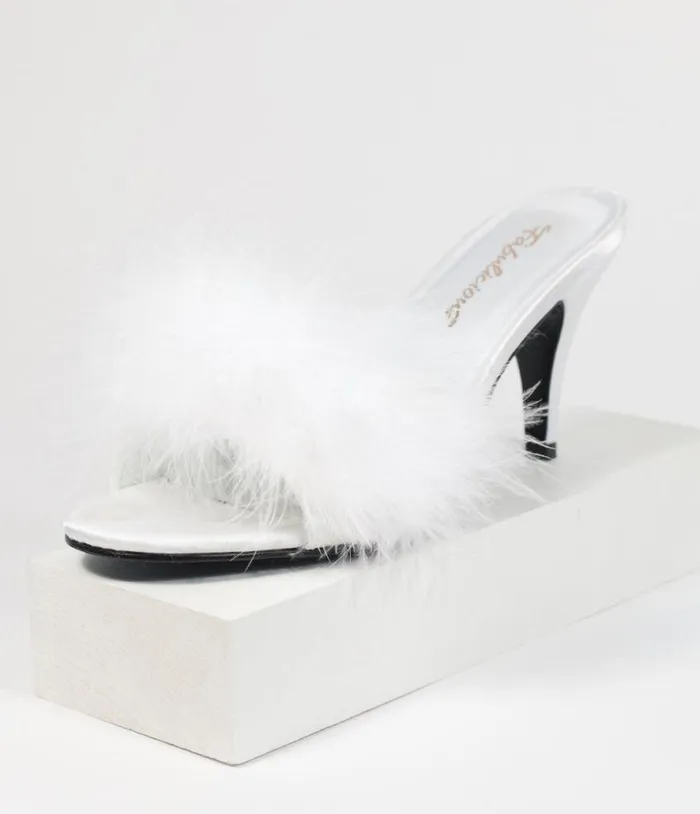 White Marabou Feather Peep Toe Slipper Heel Shoes Unique Vintage Heels