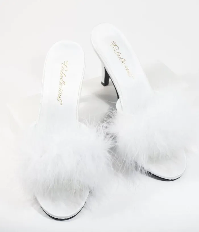 White Marabou Feather Peep Toe Slipper Heel Shoes Unique Vintage Heels
