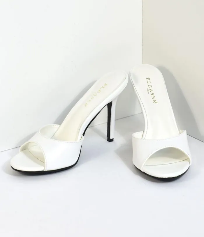 White Matte Leatherette Peep Toe Slip On Heels Shoes Unique Vintage Heels