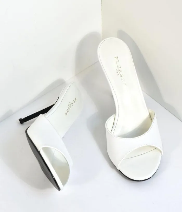 White Matte Leatherette Peep Toe Slip On Heels Shoes Unique Vintage Heels