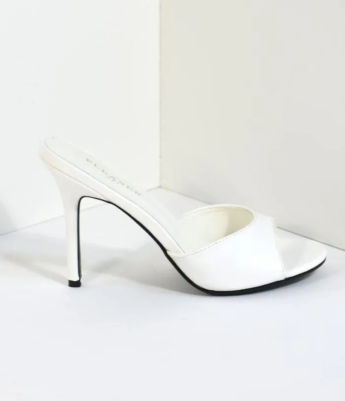 White Matte Leatherette Peep Toe Slip On Heels Shoes Unique Vintage Heels