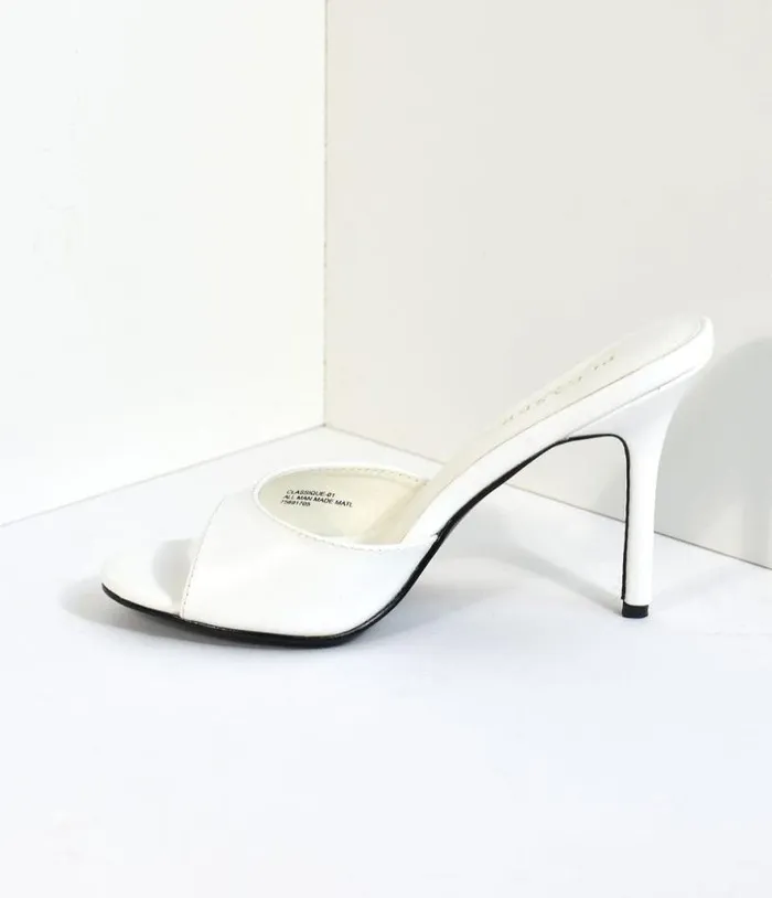 White Matte Leatherette Peep Toe Slip On Heels Shoes Unique Vintage Heels