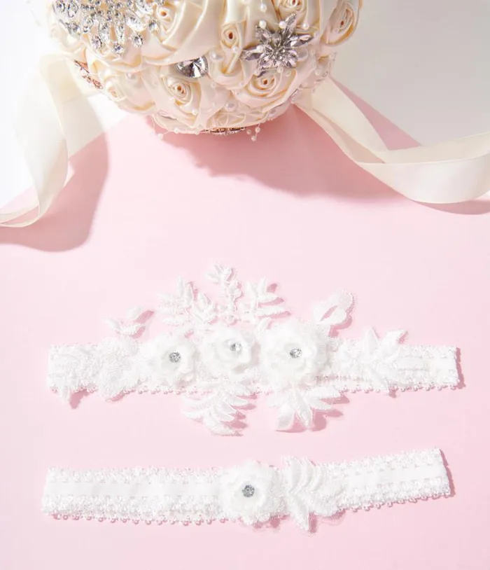 White Rhinestone Floral Garter Set Accessories Unique Vintage Stockings and Tights