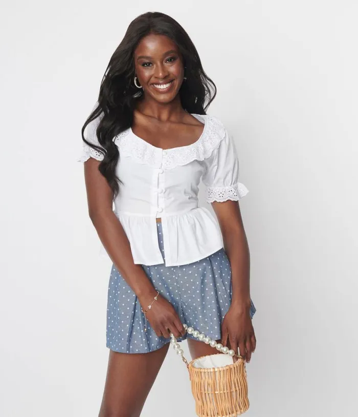White Scallop Eyelet Trim Fernanda Blouse Clothing Unique Vintage Blouses