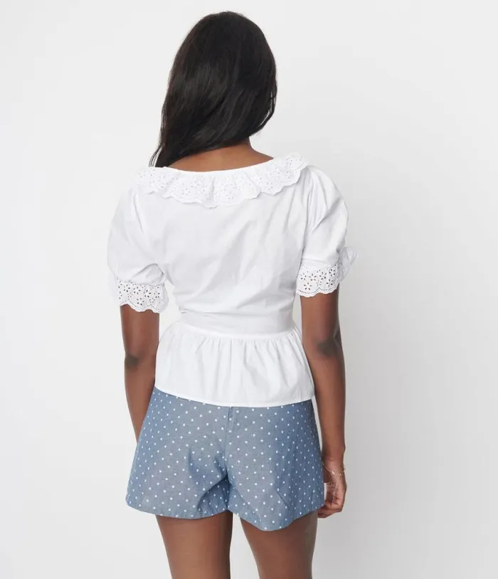 White Scallop Eyelet Trim Fernanda Blouse Clothing Unique Vintage Blouses
