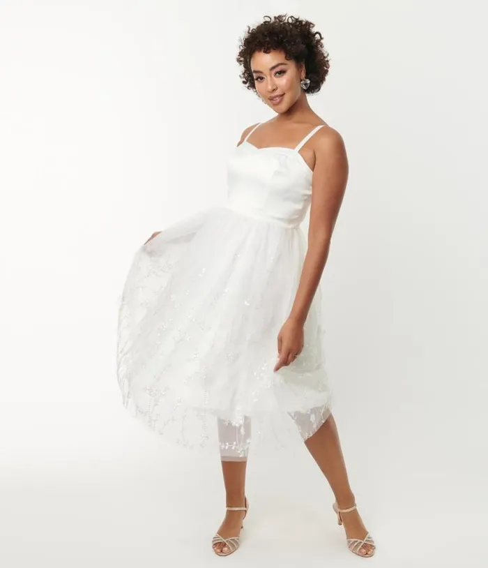 White Tulle and Floral Beading Bertie Swing Dress Dresses Unique Vintage Swing White Tulle and Floral Beading Bertie Swing Dress Dresses Unique Vintage Swing