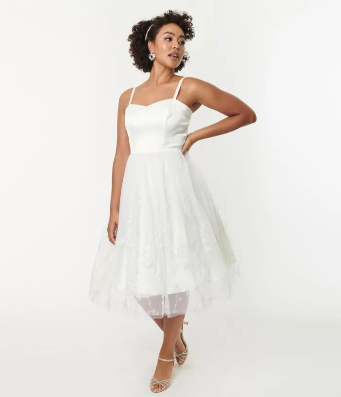 White Tulle and Floral Beading Bertie Swing Dress Dresses Unique Vintage Swing