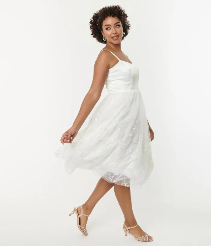 White Tulle and Floral Beading Bertie Swing Dress Dresses Unique Vintage Swing