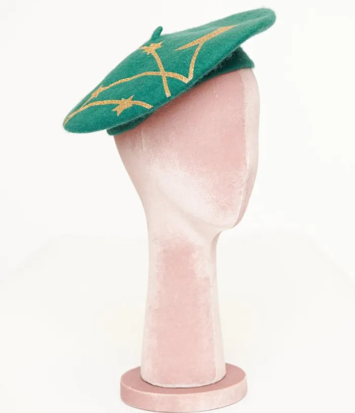 Witchwood Bags Forest Green and Gold Moon and Stars Beret Accessories Unique Vintage Berets