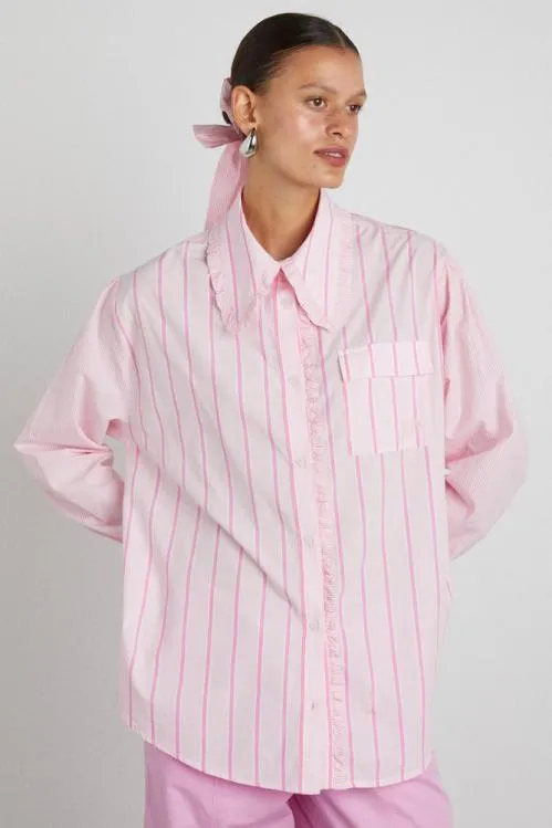 Women Coords Damson Madder Kendall Ruffle Shirt 8211 Pink Stripe Mix