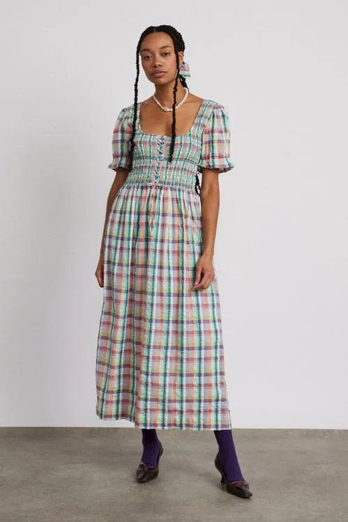 Women Coords Damson Madder Luna Shirred Midi Dress 8211 Picnic Check