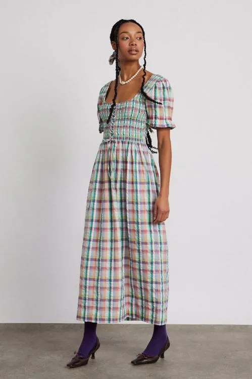 Women Coords Damson Madder Luna Shirred Midi Dress 8211 Picnic Check