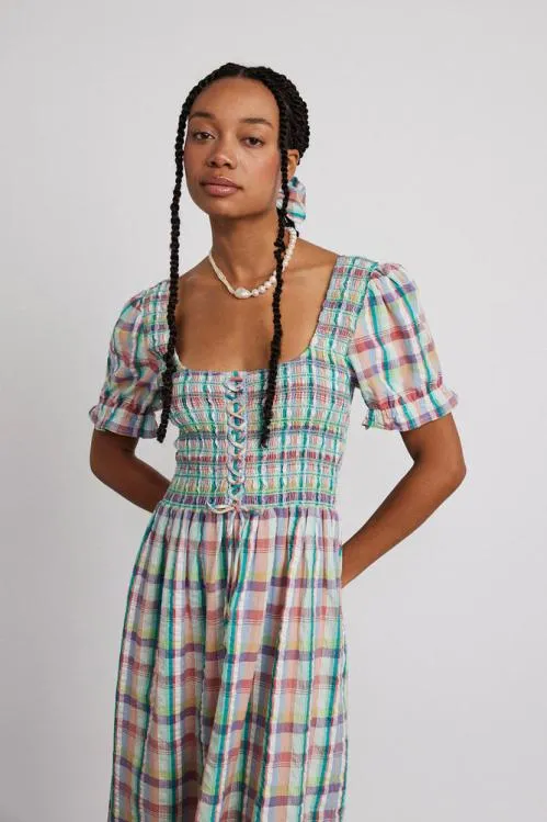 Women Coords Damson Madder Luna Shirred Midi Dress 8211 Picnic Check