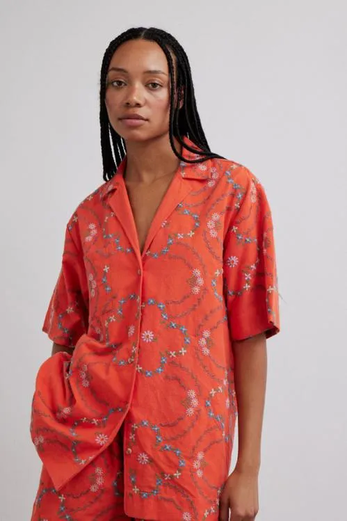Women Coords Damson Madder Tablecloth Shirt 8211 Red Flower Embroidery