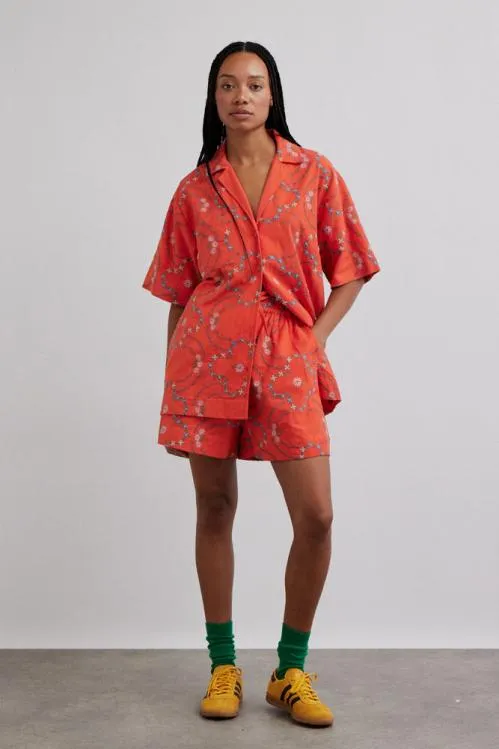 Women Coords Damson Madder Tablecloth Shirt 8211 Red Flower Embroidery