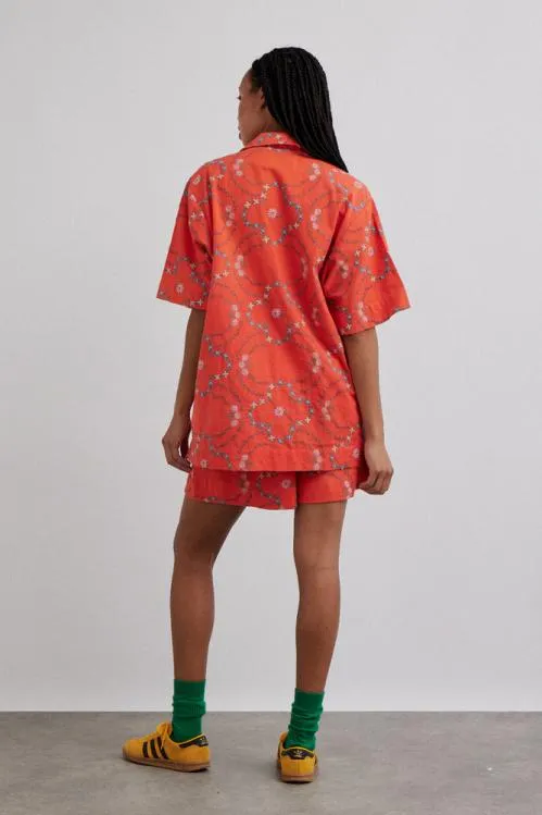 Women Coords Damson Madder Tablecloth Shirt 8211 Red Flower Embroidery