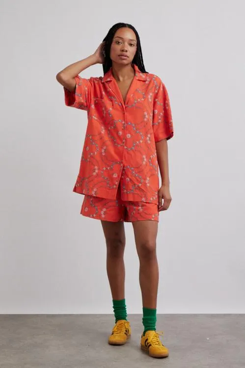 Women Coords Damson Madder Tablecloth Shirt 8211 Red Flower Embroidery
