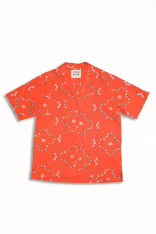Women Coords Damson Madder Tablecloth Shirt 8211 Red Flower Embroidery