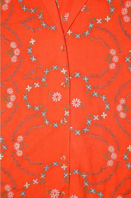Women Coords Damson Madder Tablecloth Shirt 8211 Red Flower Embroidery