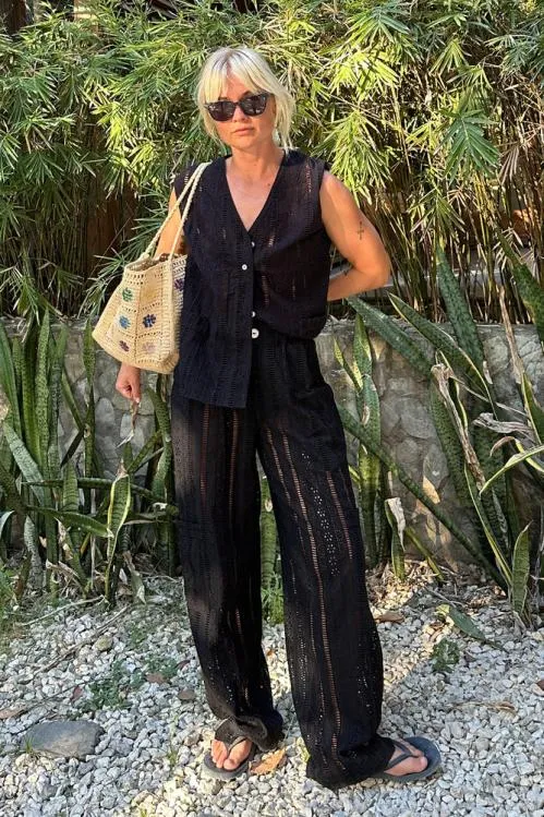 Women Coords Damson Madder Vacation Pants 8211 Black Broderie
