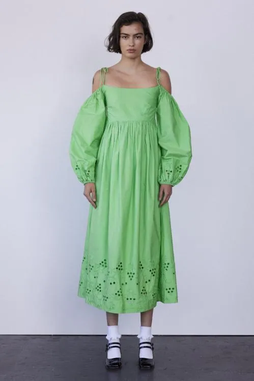 Women Dresses Damson Madder Edwina Green Broderie Bardot Midi Dress