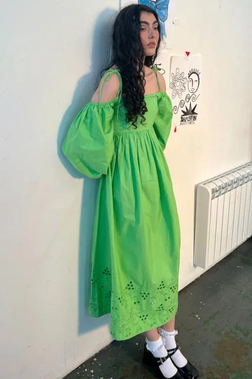 Women Dresses Damson Madder Edwina Green Broderie Bardot Midi Dress